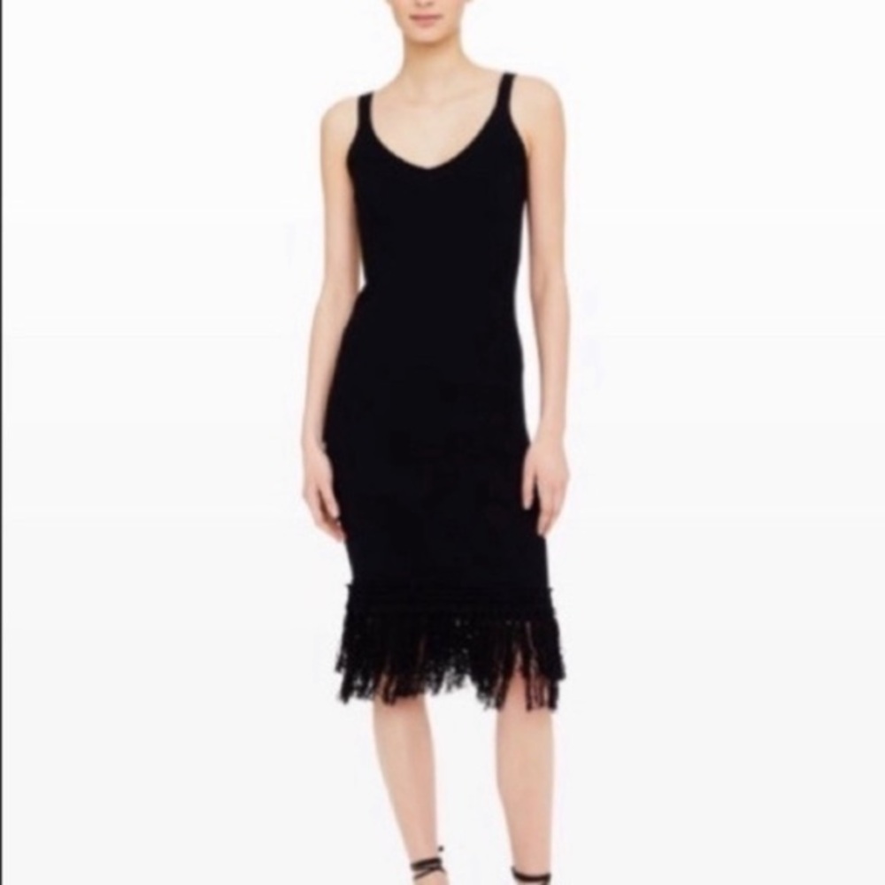 Club Monaco Suzanne Fringe Dress Black knit sleeveless Midi v neck back small